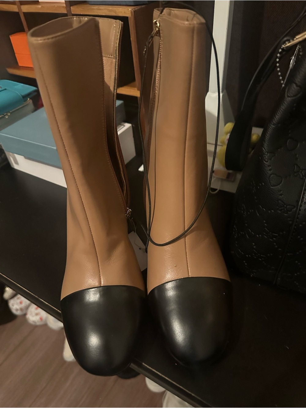 Liz Claiborne Two-Tone Mid-Calf Boots in Tan and Black